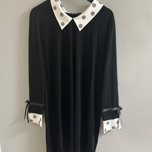 J-707 Black Long Sleeve Dress with Intricate Collar and Cuffs by TRICOTTO